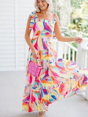 Vibrant Multi-Color Tie-Shoulder Maxi Dress